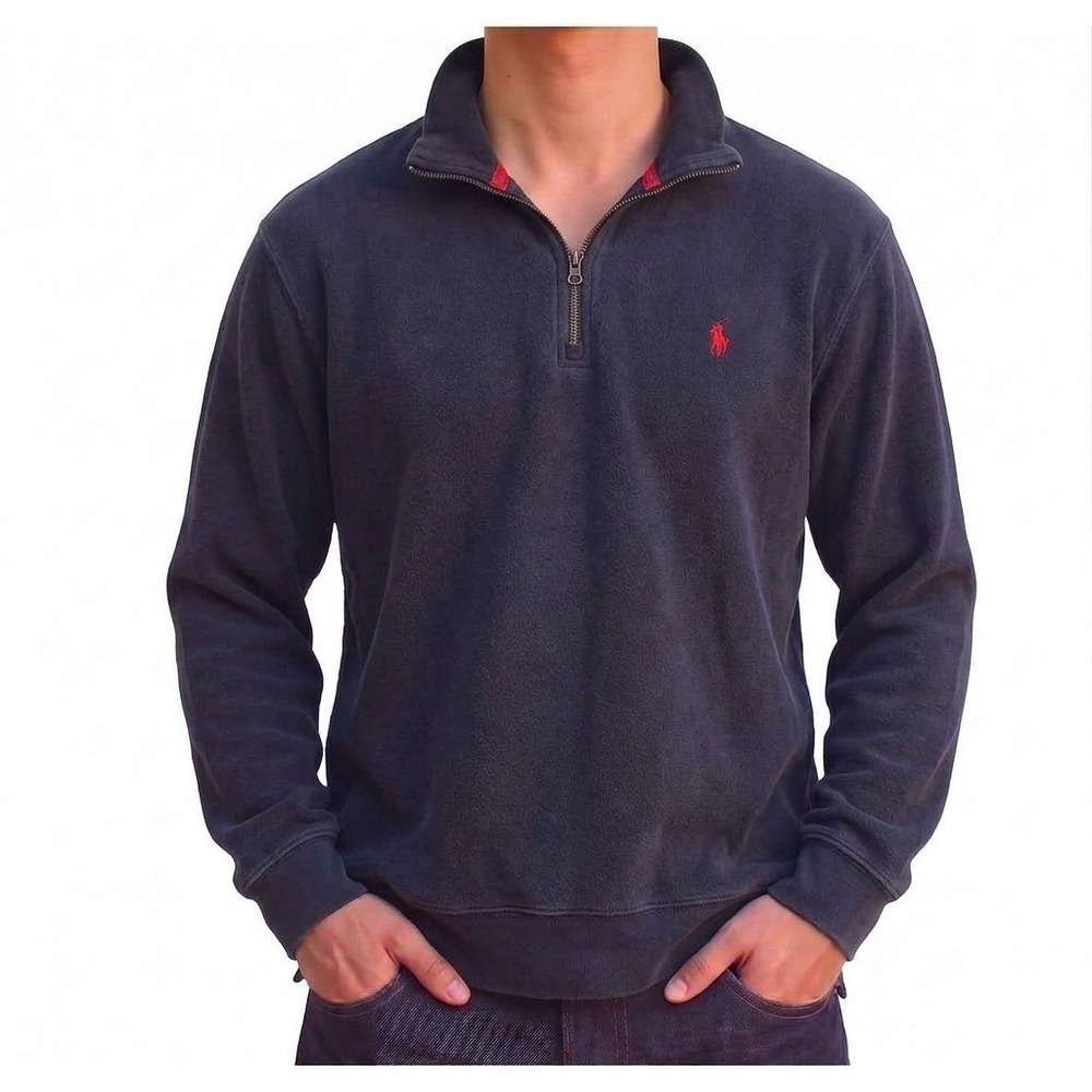 Polo Ralph Lauren Mens Quarter Zip Pullover Navy Blue Cotton Pony Logo Large